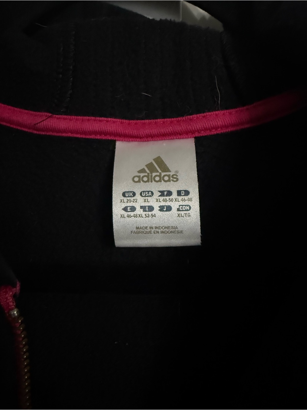 Adidas Black Zip Up Hoodie Pink Striped Hood Thumb Holes XL w/ Thumb Holes - Picture 2 of 5